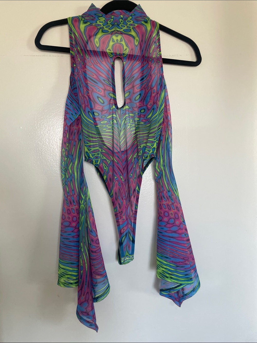 Sheer Multicolor Psychedelic Halter Bodysuit with Flared Sleeves